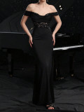 Women spring Summer Off Shoulder Lace Patchwork Evening Dress