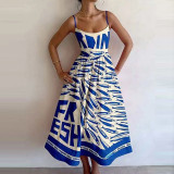 Women Spring Printed Pleated Strap Dress