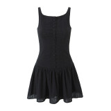 Women Summer French Square Neck Sexy Backless Strap Dress