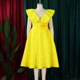 V Neck Floral Ruffle A-line Dress for Women Formal Party Gown