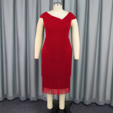 Women Asymmetric Collar Sleeveless Tassel Party Dance Elegant Dress