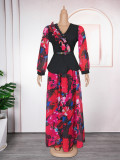 Plus Size African Women Chiffon Print V-neck Dress Two-piece Set