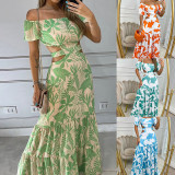Women Sexy Print Off Shoulder Hollow Lace-up Dress