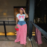 Women Patchwork Plaid Print T-shirt Casual Wide Leg Pants Two-piece Set