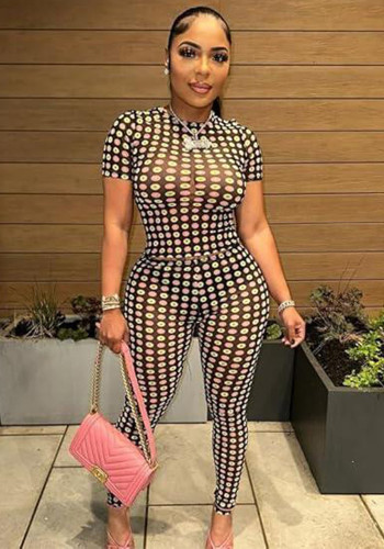 Women Multi-Color Polka Dot Mesh Printed Short Sleeve Top and Pants Two-Piece Set