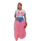 Women Patchwork Plaid Print T-shirt Casual Wide Leg Pants Two-piece Set