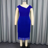 Women Asymmetric Collar Sleeveless Tassel Party Dance Elegant Dress