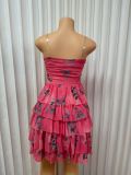 Women Mesh Print Strapless Sexy Backless Cake Dress