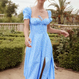 Women Spring Printed French Floral Backless Suspender Slit Dress