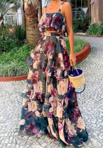 Women Beach Edge Holidays Printed Suspender Top Cascading Ruffles Skirt Two-Piece Set Women Beach Edge Holidays Printed Suspender Top Cascading Ruffles Skirt Two-Piece Set