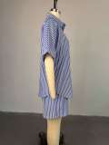 Women Summer Blue and White Striped Shirt Wide Leg Shorts Two Piece Set