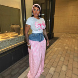 Women Patchwork Plaid Print T-shirt Casual Wide Leg Pants Two-piece Set