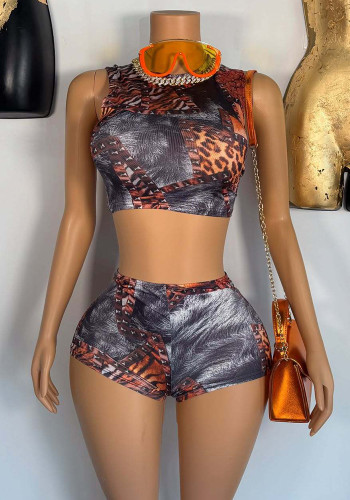 Women Sexy Print Sleeveless Top and Shorts Two-piece Set