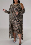 Plus Size Women Autumn Leopard Print Vest Dress + Long Sleeve Top Two-piece Set