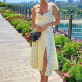 Women V-neck Suspender Lace-up Floral Backless Slit Dress