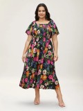 Plus Size Women Summer Square Neck Printed Maxi Dress