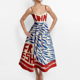 Women Spring Printed Pleated Strap Dress