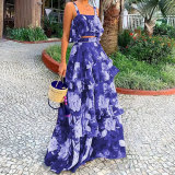Women Beach Edge Holidays Printed Suspender Top Cascading Ruffles Skirt Two-Piece Set