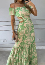 Women Sexy Print Off Shoulder Hollow Lace-up Dress