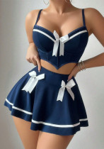 Women French Contrast Patchwork Suspender Bowknot Sexy Lingerie Two-piece Set