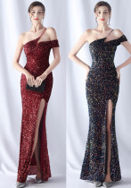Summer Formal Sequin One-Shoulder Slit Evening Dress Summer Formal Sequin One-Shoulder Slit Evening Dress