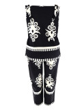 Plus Size Women Print Summer Suspender Top and Pants Two-piece Set