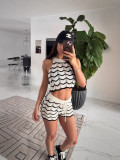 Women Fashion Casual Stripes Halter Neck Knitting Tank Shorts Set