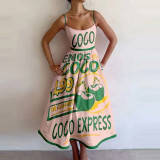Women Spring Printed Pleated Strap Dress
