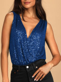 Women Summer V-neck Party Sequin Sleeveless Top