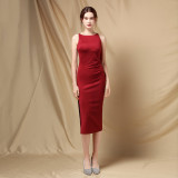 Elegant Side Split Sleeveless Round Neck Slim Formal Midi Dress
