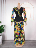 Plus Size African Women Chiffon Print V-neck Dress Two-piece Set