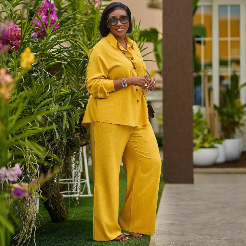 elegant Turndown Collar long sleeves solid color shirt trousers Africa Casual fashion women's two-piece set
