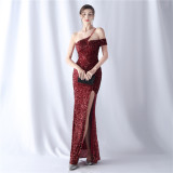 Summer Formal Sequin One-Shoulder Slit Evening Dress