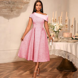 Women African Contrast Slash Shoulder Formal Party Dinner Dress