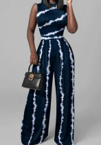 Fashion Print Women Chic Casual Slim Sleeveless Wide Leg Jumpsuit