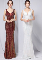 Summer Formal Sequin V-Neck Sleeveless Mermaid Evening Dress