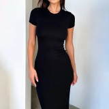 Women Spring and Summer Solid Short Sleeve Dress
