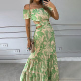 Women Sexy Print Off Shoulder Hollow Lace-up Dress