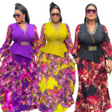 Plus Size Women African Irregular Print Dress Two-piece Set