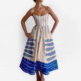 Women Spring Printed Pleated Strap Dress