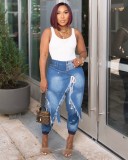 Women Ripped Lace-up Denim Pants