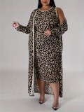 Plus Size Women Autumn Leopard Print Vest Dress + Long Sleeve Top Two-piece Set