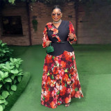 Plus Size African Women Chiffon Print V-neck Dress Two-piece Set