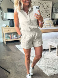 Women Summer Sleeveless Turndown Collar Top and Cargo Shorts Two-piece Set
