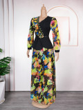 Plus Size African Women Chiffon Print V-neck Dress Two-piece Set