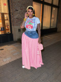 Women Denim Patchwork T-shirt Slit Plaid Skirt Two-piece Set