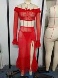 See Through Mesh Long-Sleeve Sexy Crop Top Slit Skirt Set
