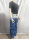 Women's High-Waist Multi-Pocket Gradient Denim Wide-Leg Pants