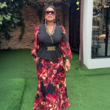Plus Size Women African Irregular Print Dress Two-piece Set