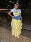 Women Denim Patchwork T-shirt Slit Plaid Skirt Two-piece Set